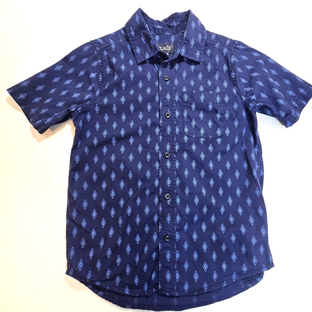 Boys Childrens Place Blue Geomertric Print Short Sleeve Button Up Size 7/8